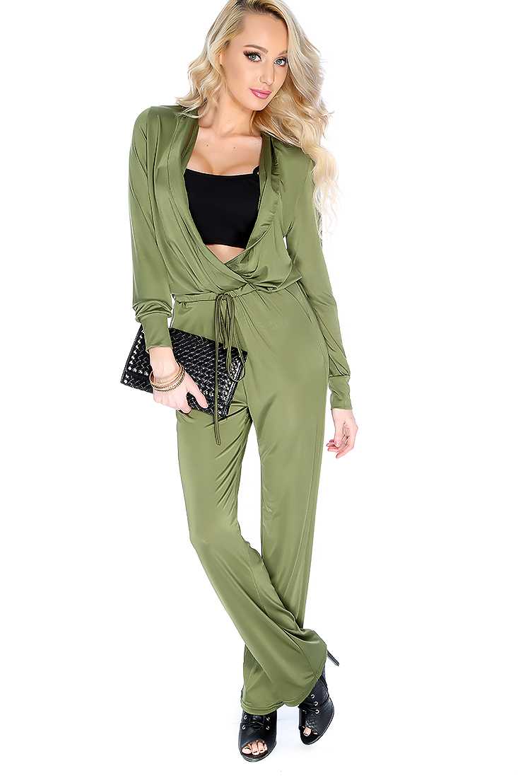 Sexy Olive Long Sleeve Plunging Neckline Jumpsuit