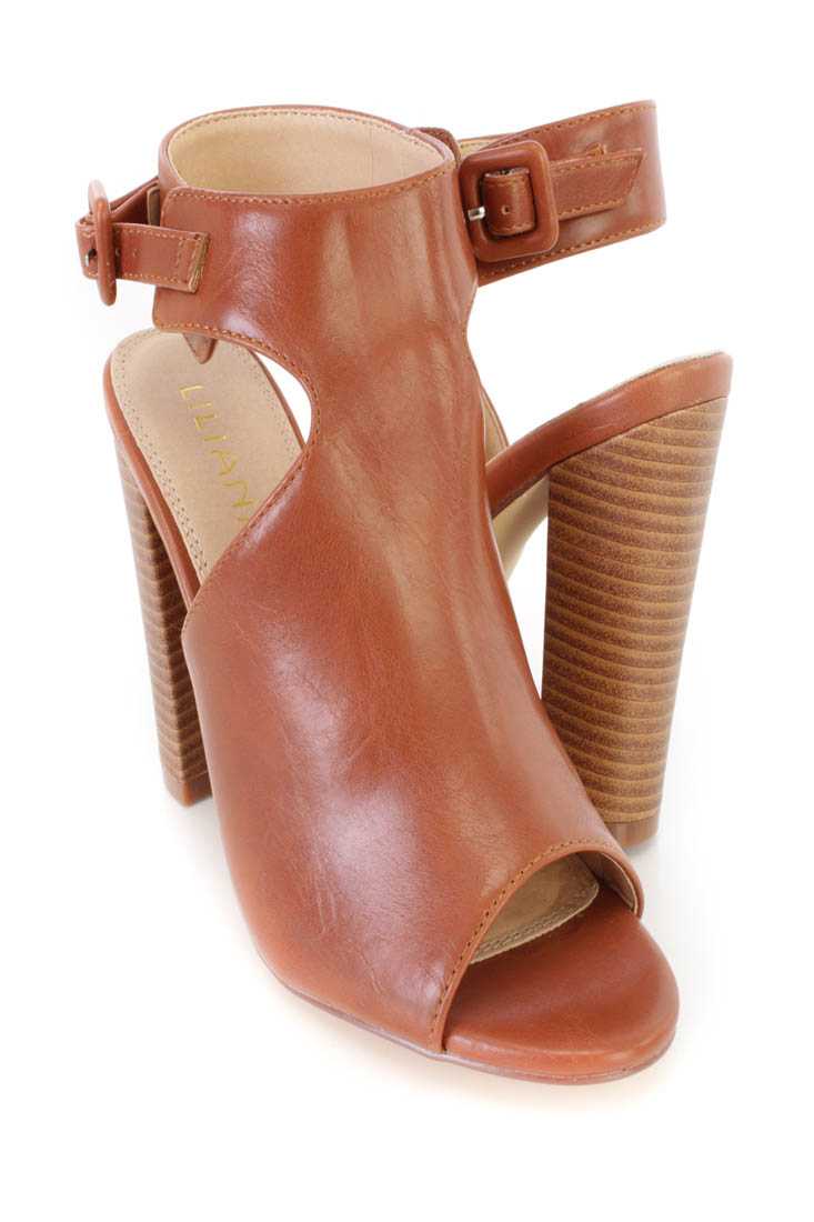 Cognac Peep Toe Single Sole Chunky Heels Faux Leather