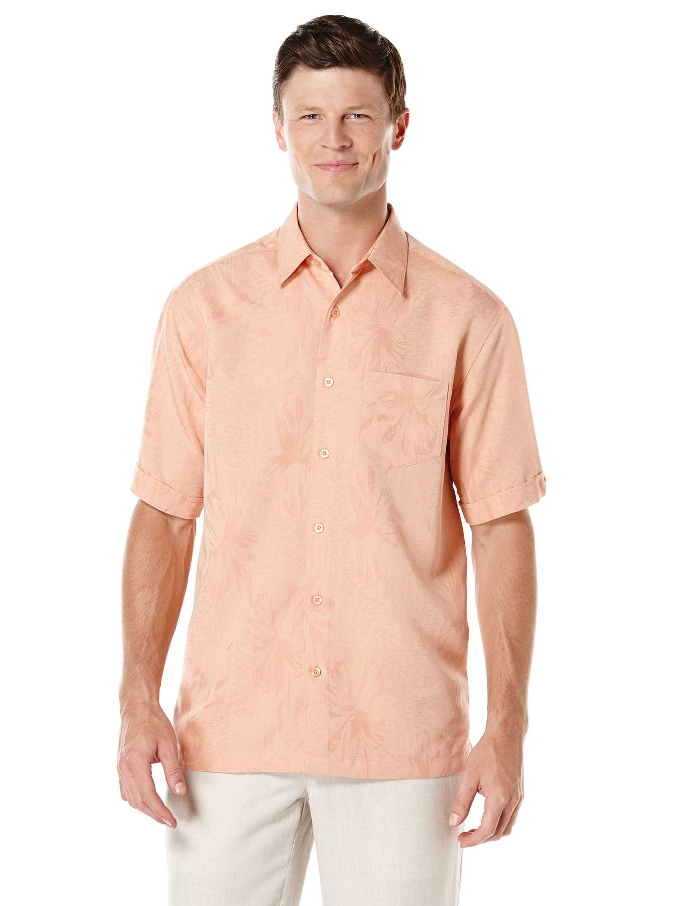 Cubavera Short Sleeve Floral Jacquard Pocket Shirt
