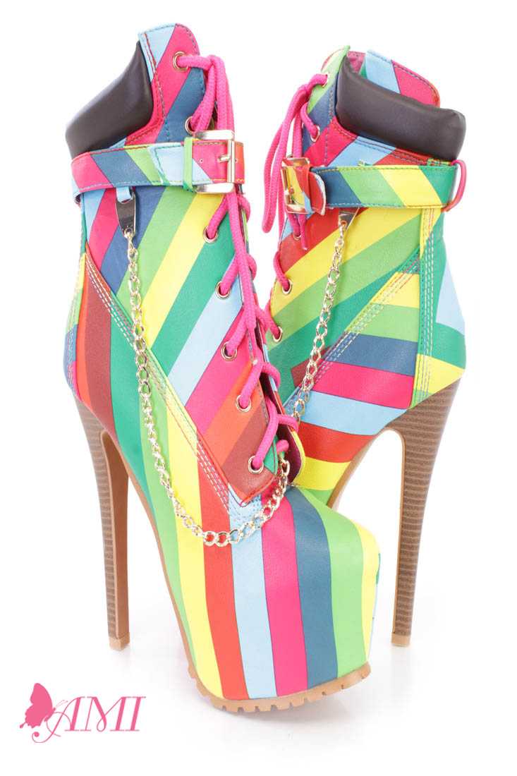 Multi Lace Up Chain Strap Platform Booties Faux Leather