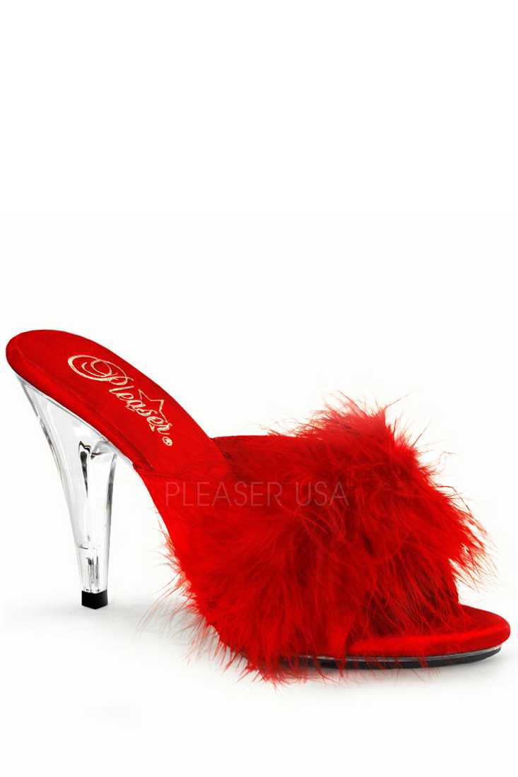 Red Faux Fur High Heels Satin
