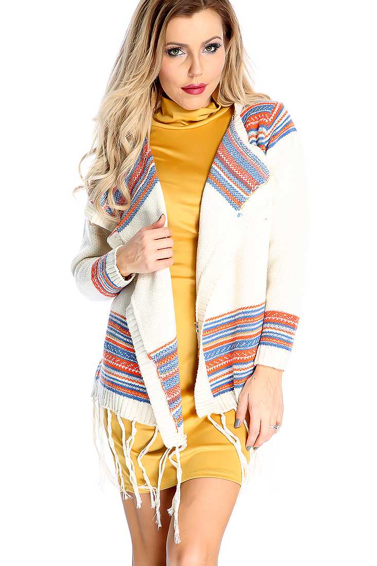 Stylish Beige Red Long Sleeve Tribal Print Fringe Hem Cardigan