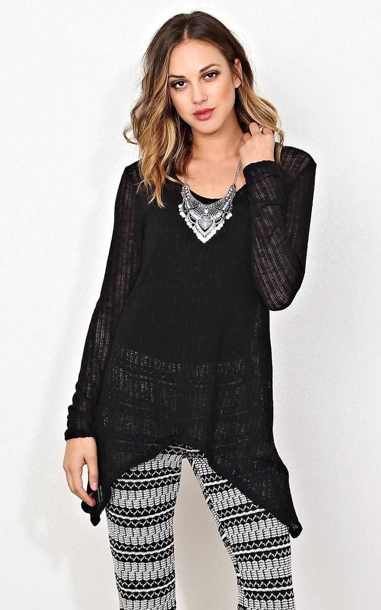 Total Relaxation Eyelet Knit Tunic - MED - Black in Size Medium by Styles For Less