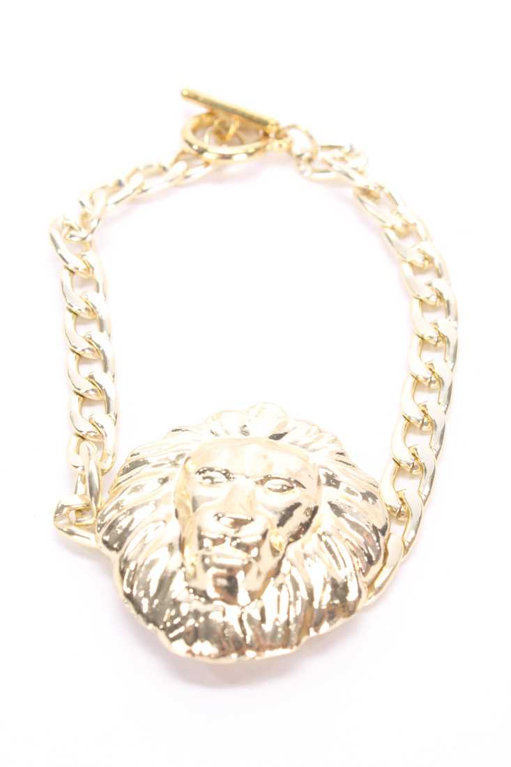 Gold Thick Chain Link Detailed Lion Accent High Polish Bracelet