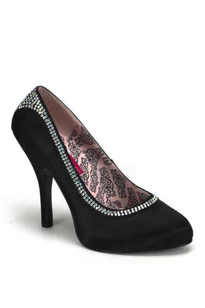 Black Satin Rhinestone Trim Pump High Heels