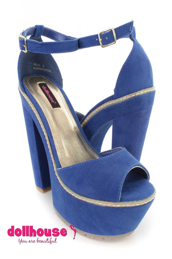 Blue Peep Toe Chunky Platform High Heels Faux Suede