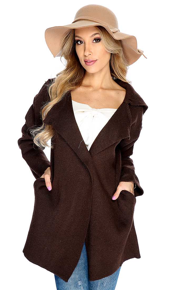 Brown Folded Collar Knitted Coat