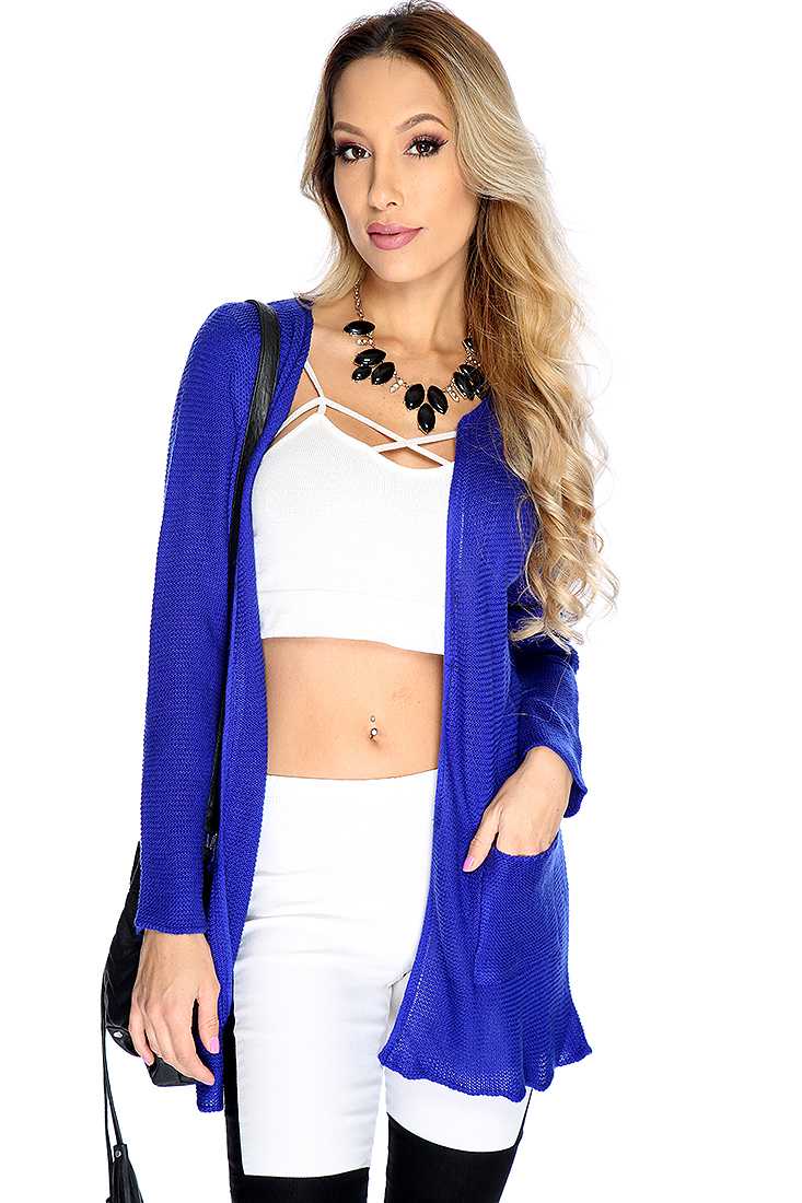 Royal Blue Knitted Open Front Long Cardigan