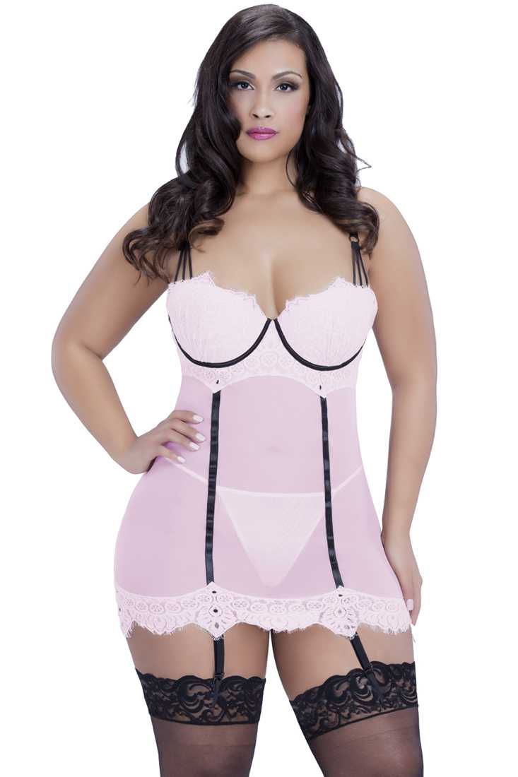 Pink Black Plus Size Mesh Eyelash Lace 2Pc. Chemise Lingerie
