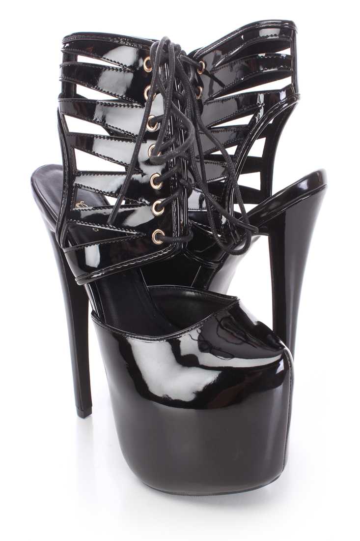 Black Lace Up Platform Booties Patent