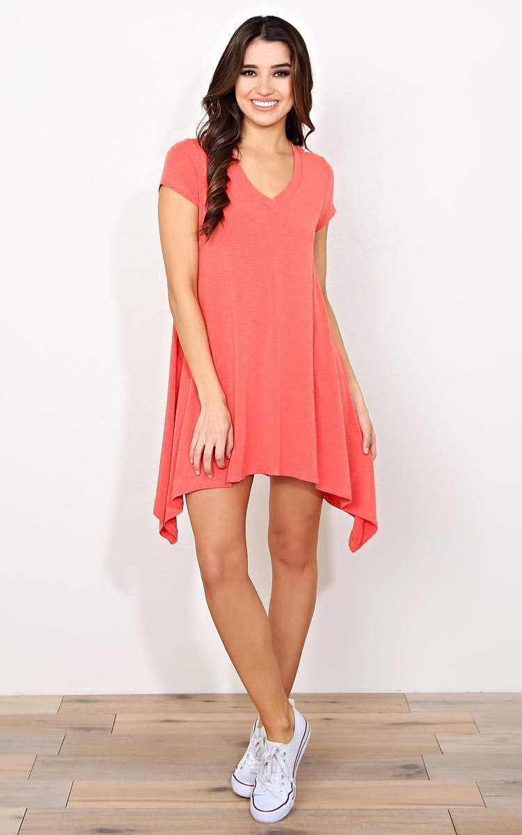 V Neck Knit T Shirt Dress - LGE - Coral in Size Large by Styles For Less