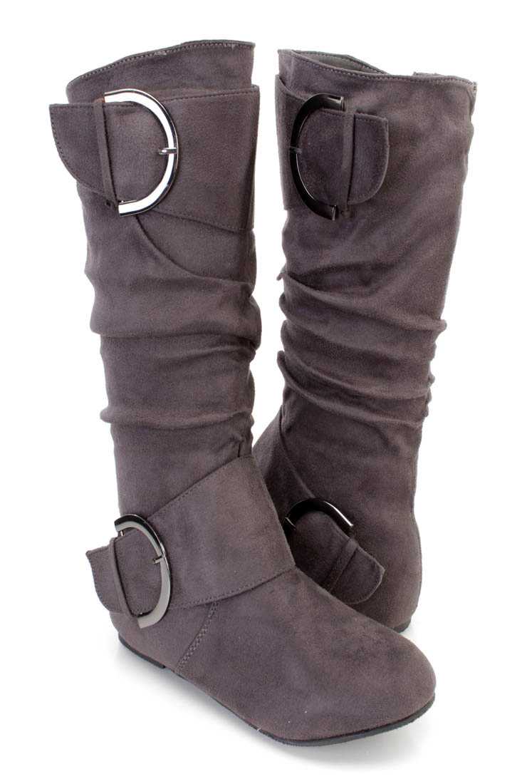 Grey Buckle Strappy Casual Boots Faux Suede