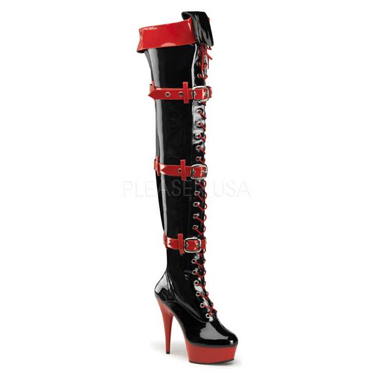 Black Red Patent Thigh High Heel Boots