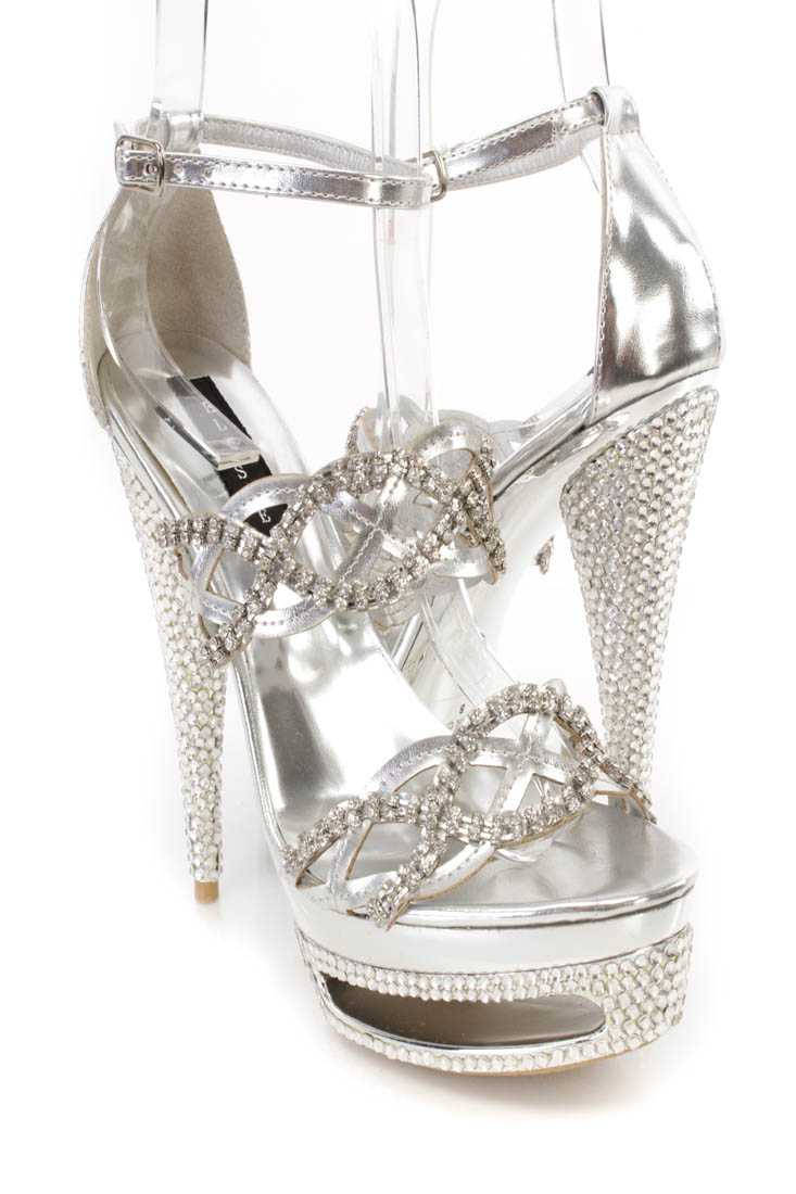 Silver Rhinestone Strappy 6 Inch High Heels Faux Leather
