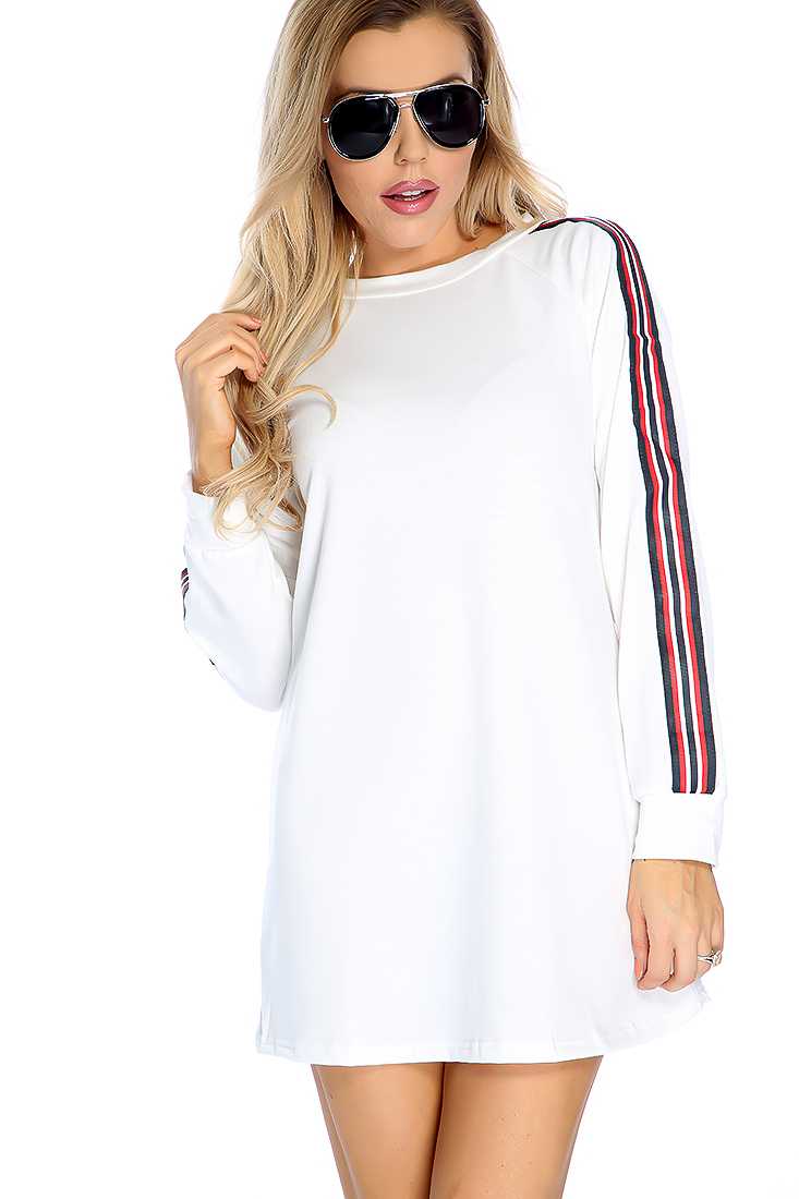 White Striped Long Sleeve Casual Dress