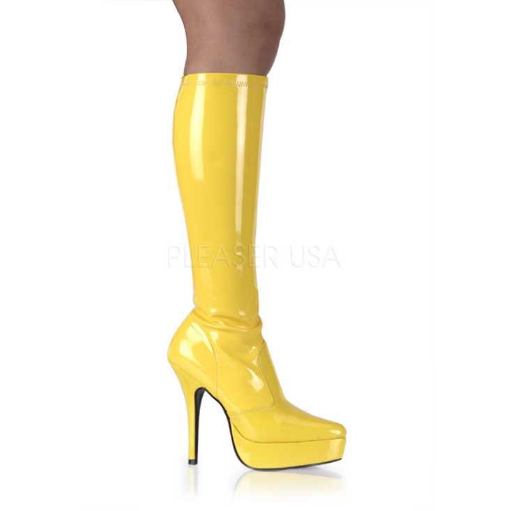 Yellow Knee High Boots Stretch Patent Faux Leather