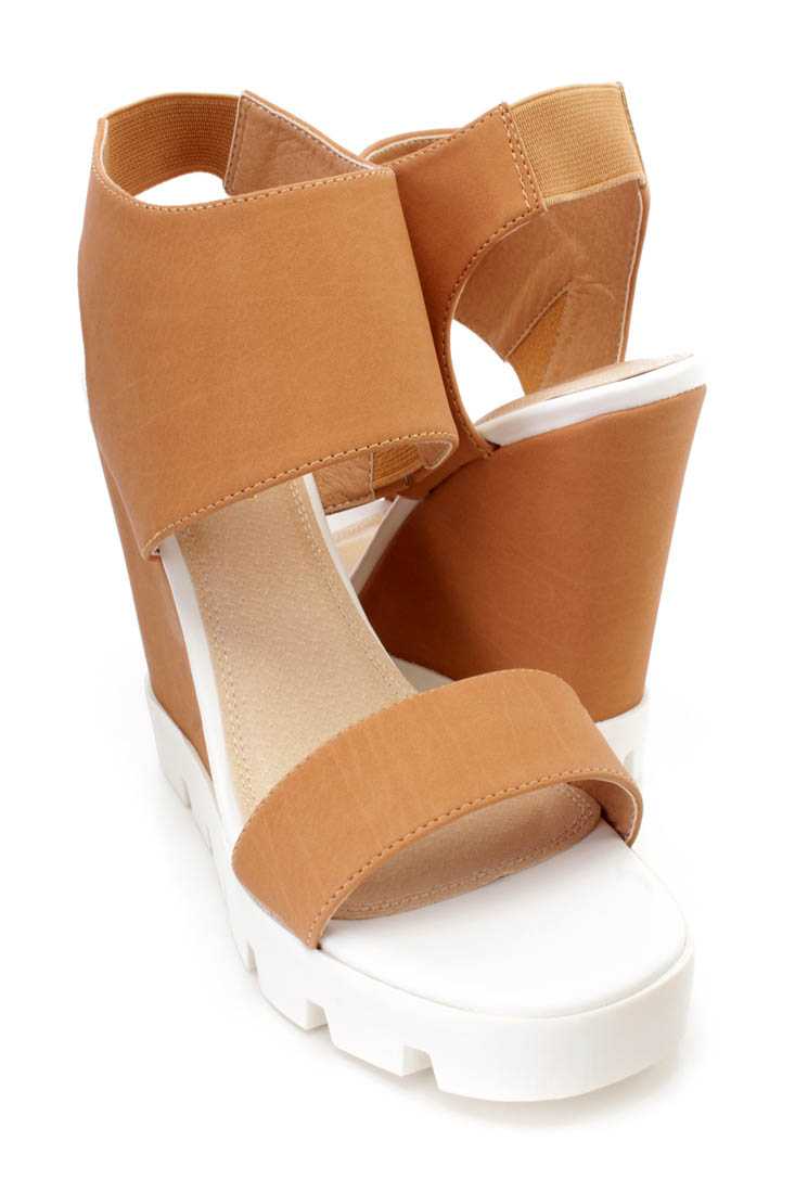 Tan Open Toe Strappy Sandal Wedges Faux Leather