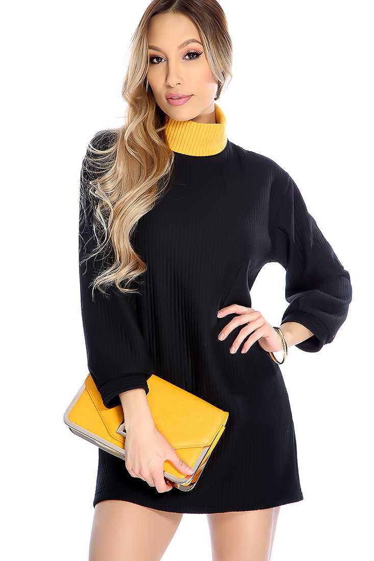 Black Long Sleeve Ribbed Two Tone Causal Sweater Dress