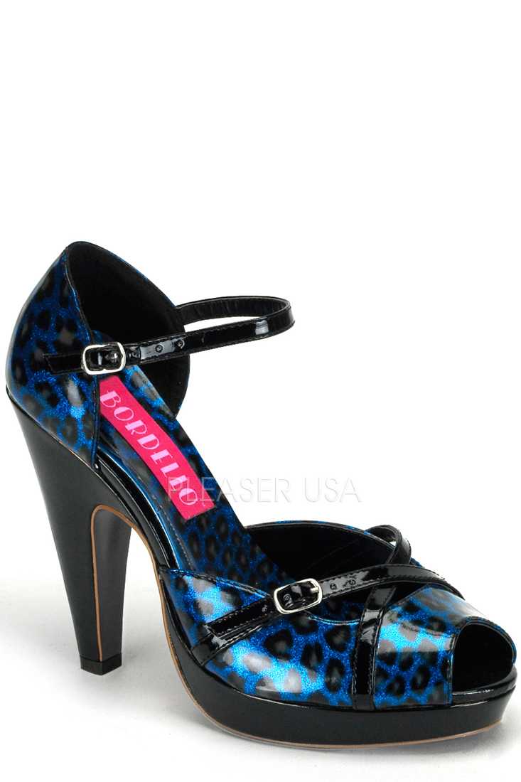 Blue Cheetah Print Pearlized Peep Toe High Heels Patent