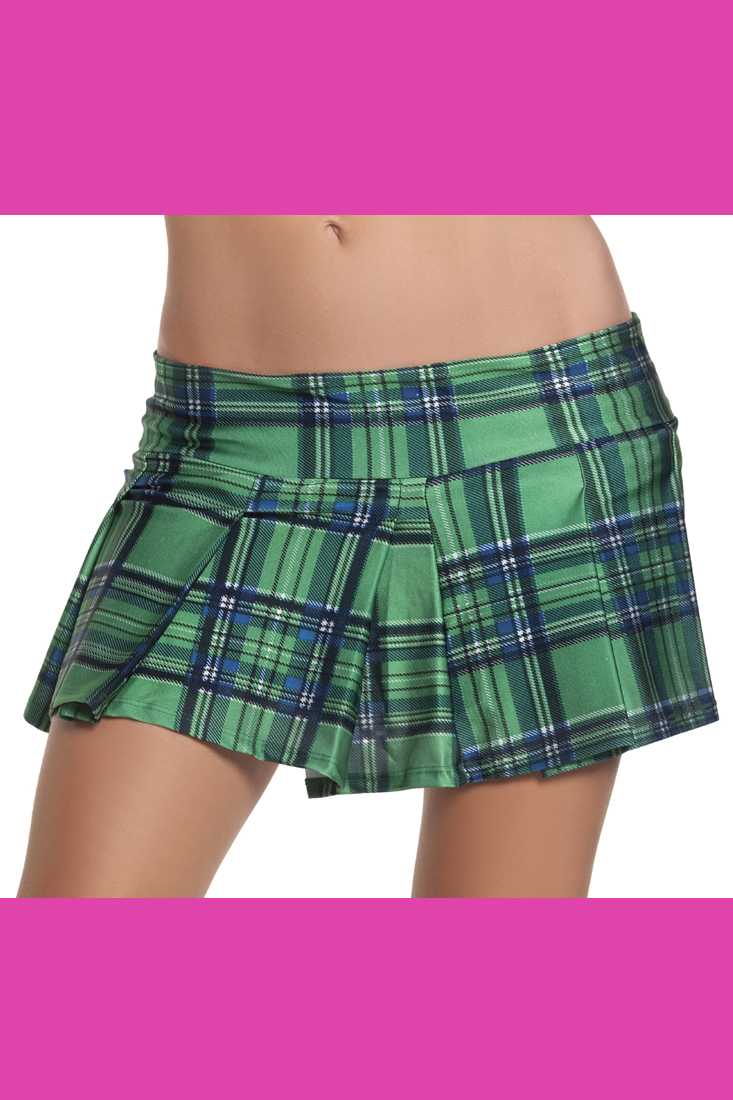 Green Pleated Plaid School Girl Skirt
