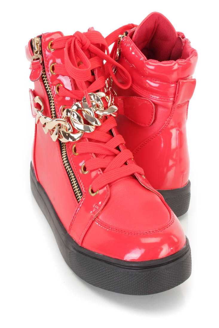 Red Lace Up Zipper Accent Sneaker Flats Faux Leather