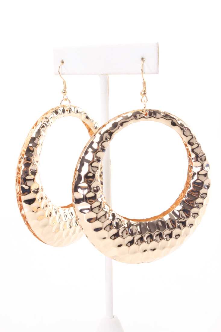 Gold Hammered High Polish Metal Dangle Earrings