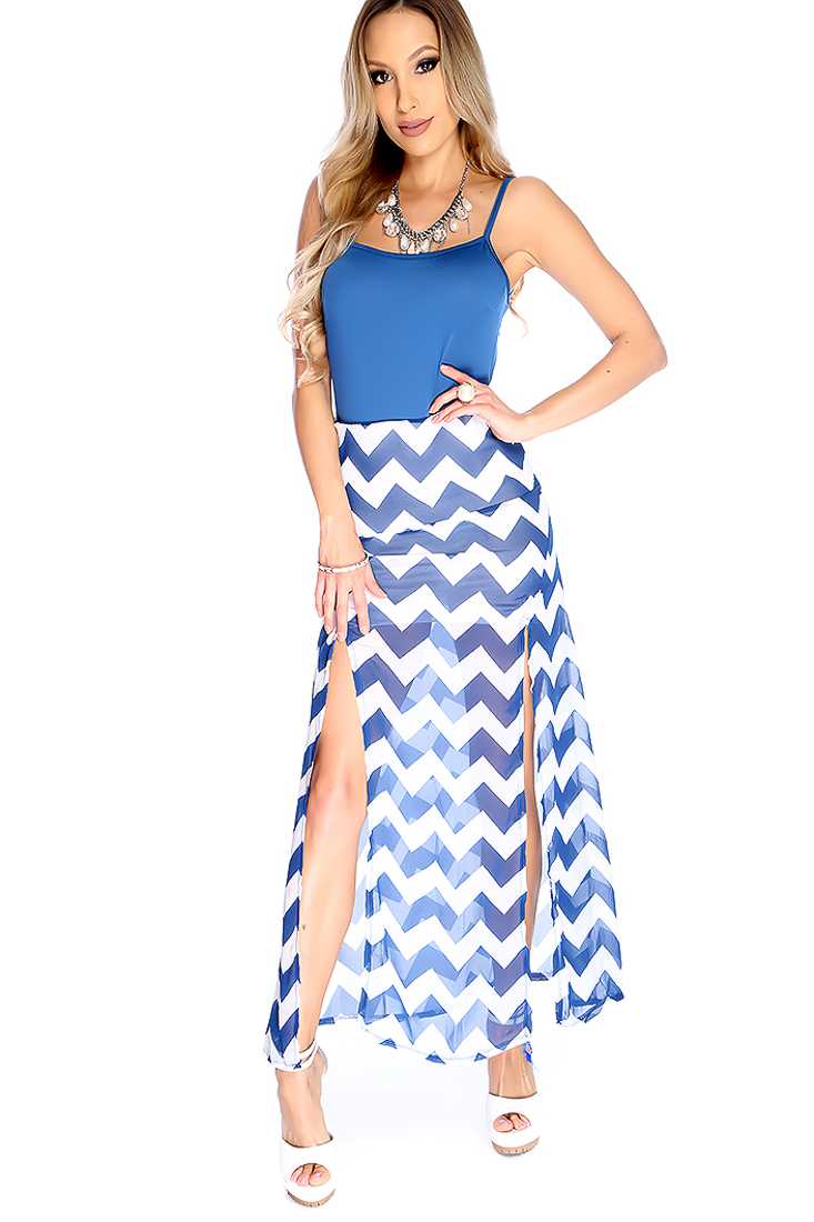 Sexy Navy Sleeveless Chevron Print Side Slit Maxi Dress
