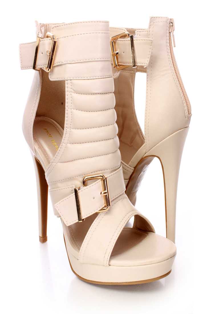 Nude Open Toe Strappy Cut Out High Heels Faux Leather