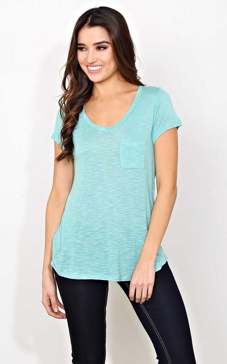 Mint V Neck Pocket Tee - - Dusty Mint in Size by Styles For Less
