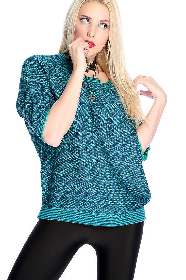 Jade Navy Short Sleeve Chevron Print Causal Sweater Top