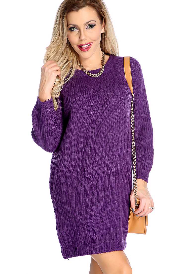 Sexy Purple Knitted Long Sleeve Sweater Dress