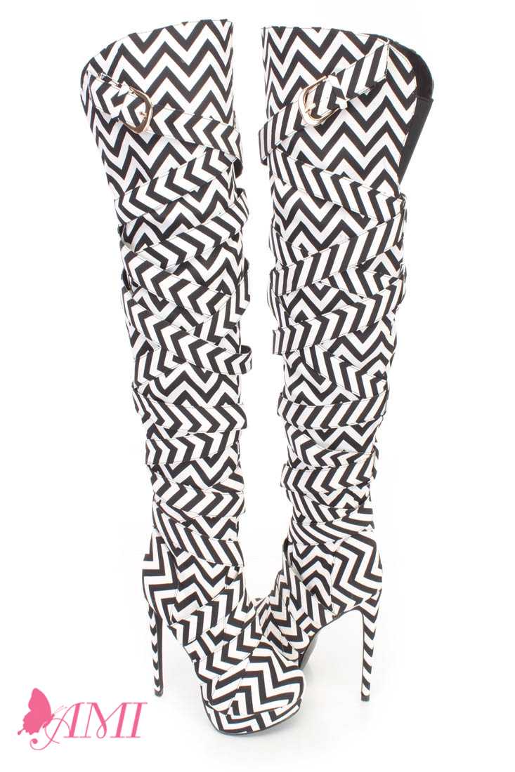 Black White Chevron Pattern Thigh High Heel Boots Fabric