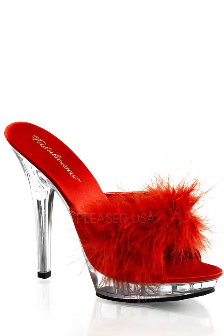 Red Marabou Faux Fur Slip On High Heels Satin