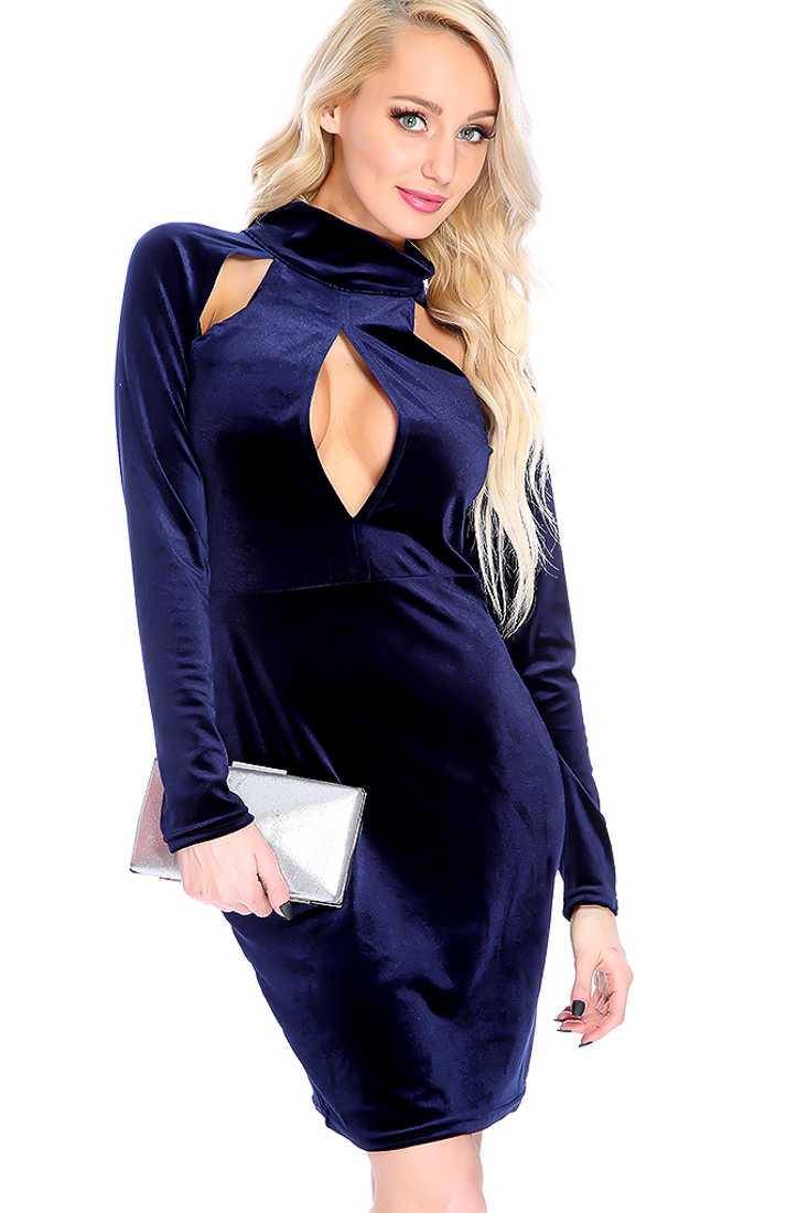 Sexy Navy Long Sleeve Cut Out Velvet Bodycon Party Dress