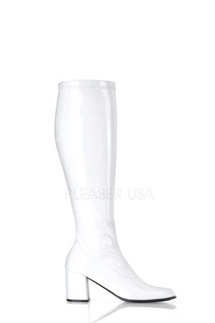 White Wide Calf Chunky Heel GoGo Boots Patent