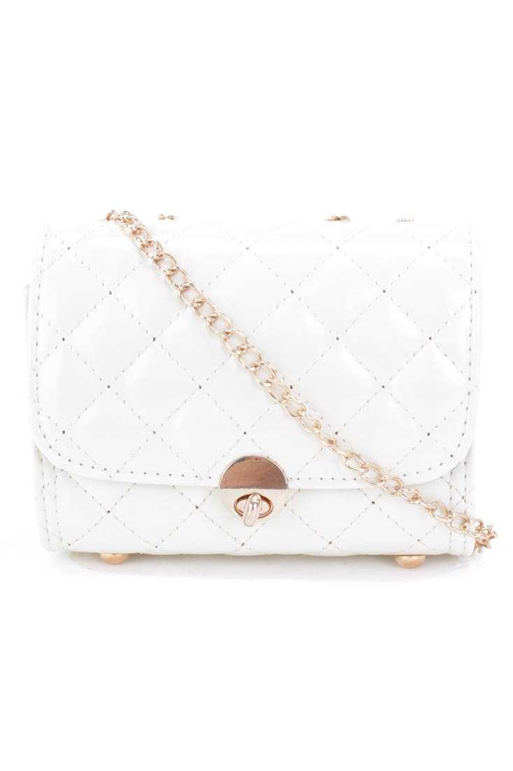 White Patent Faux Leather Quilted Mini Handbag