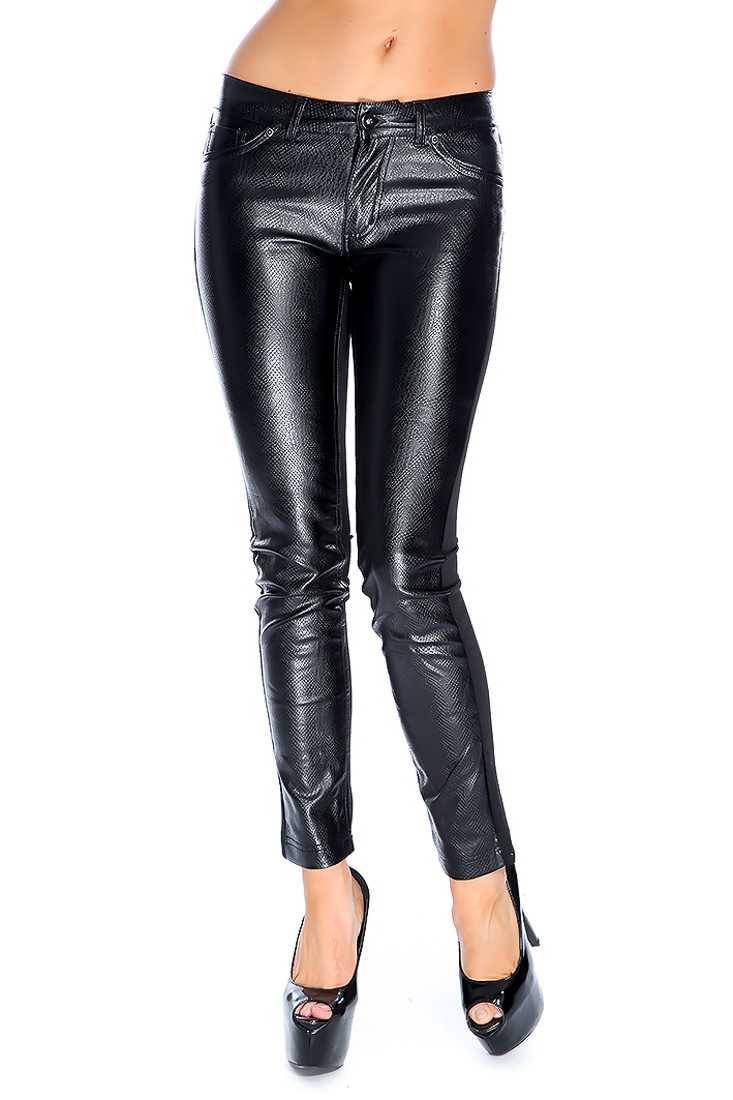 Black Fax Leather Snake Textured Pants