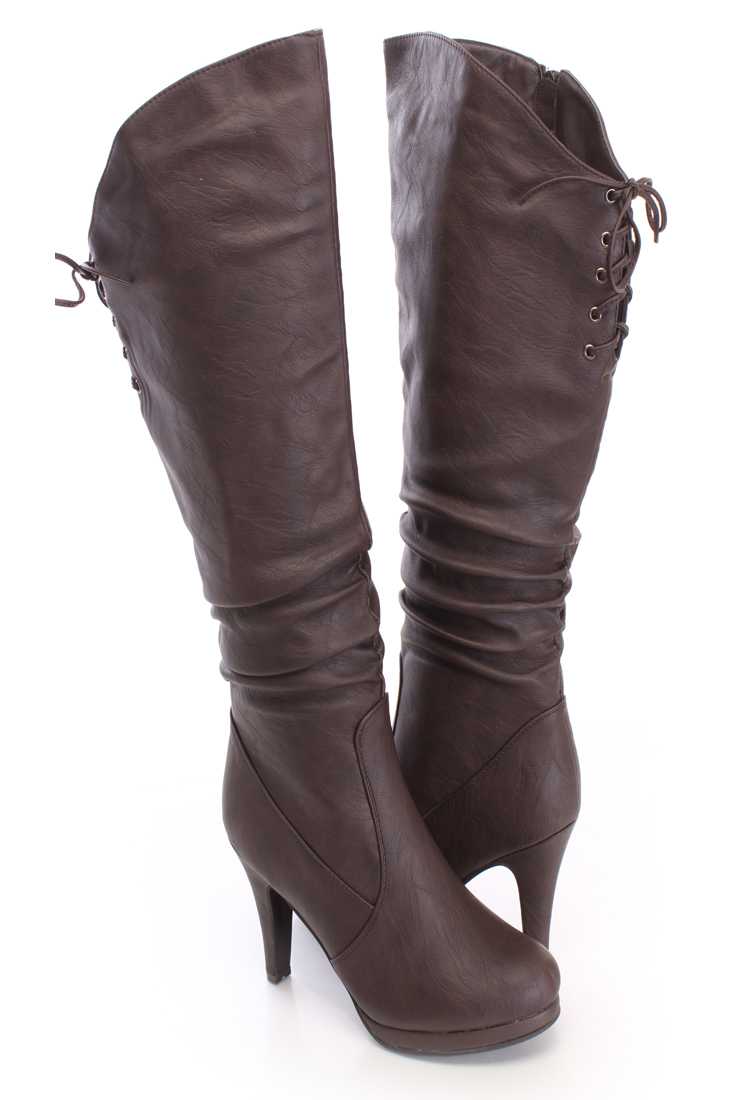 Brown Slouchy Knee High Boots Faux Leather
