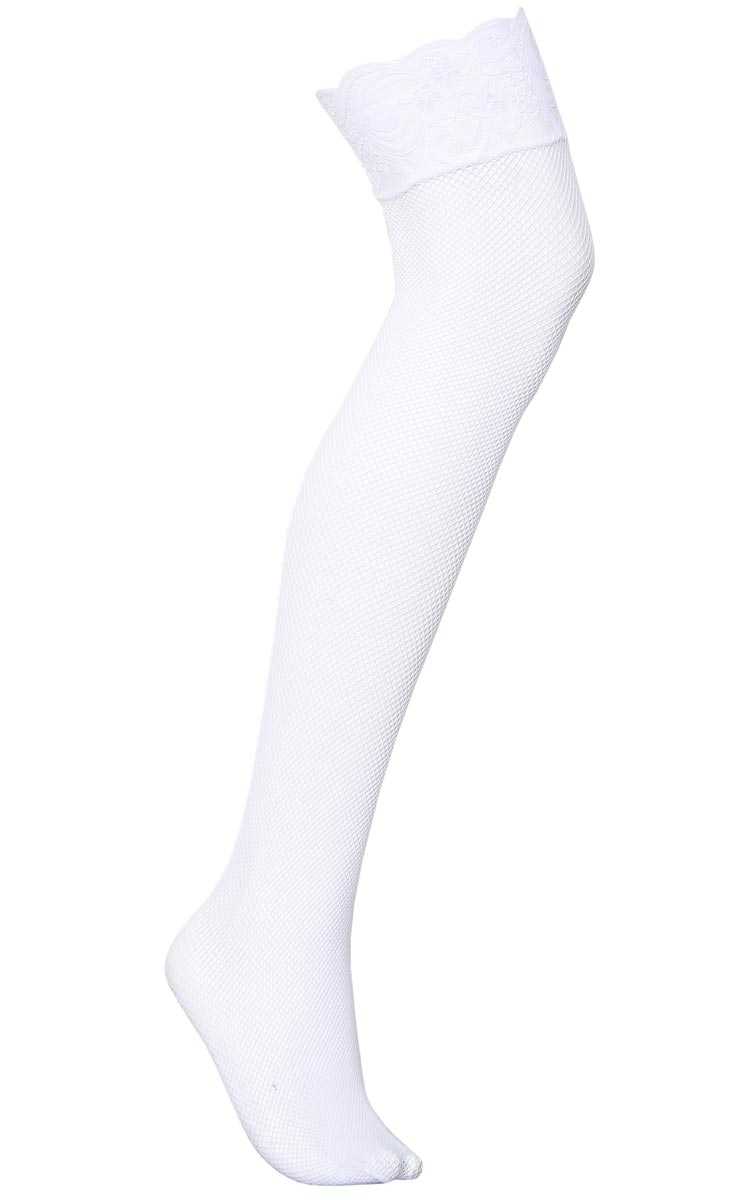 Lace Trim Fishnet Thigh Highs - N/S - White by Styles For Less