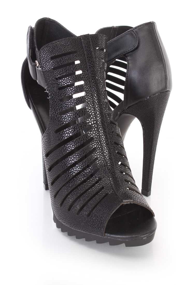 Black Strappy Cut Out Peep Toe Booties Stingray Faux Leather