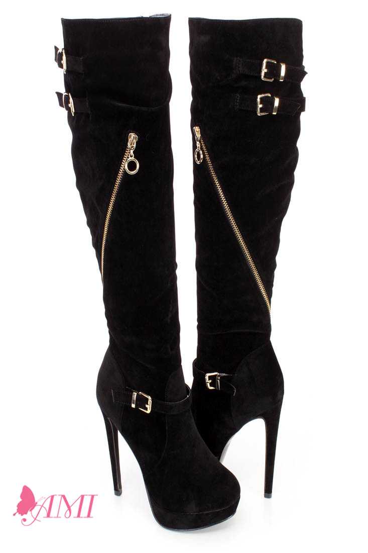 Black Knee High Strappy High Heel Boots Faux Suede
