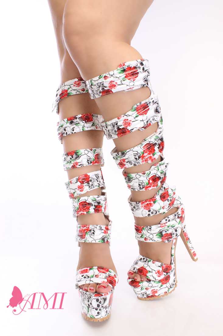 Skull Print Strappy Platform High Heels Patent