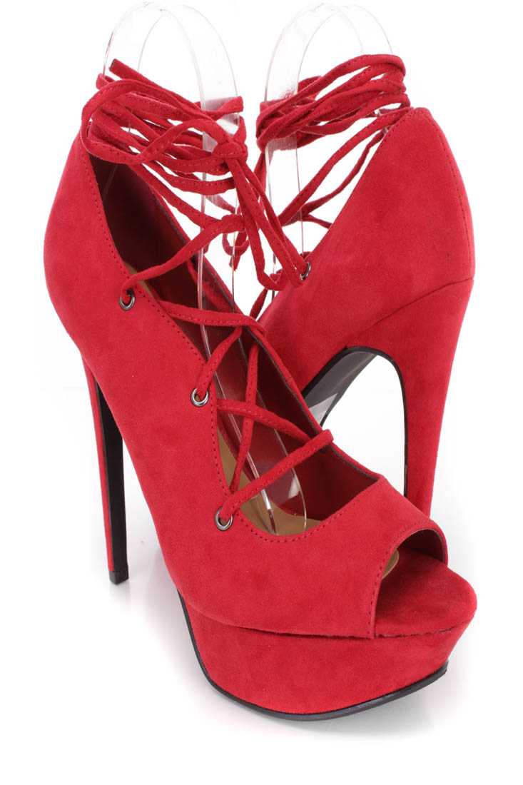Lipstick Peep Toe Lace Up High Heels Faux Suede