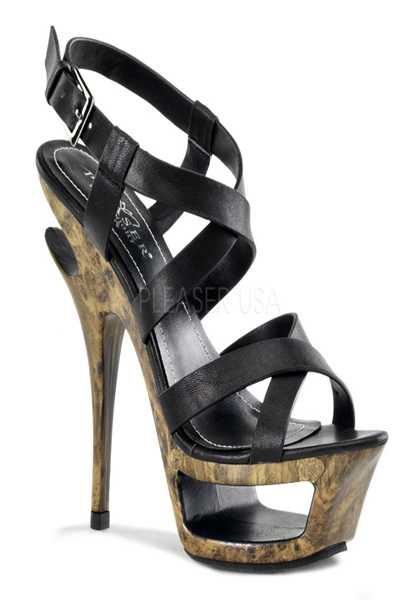 Black Leather Cut-Out Platform Criss Cross Sandal