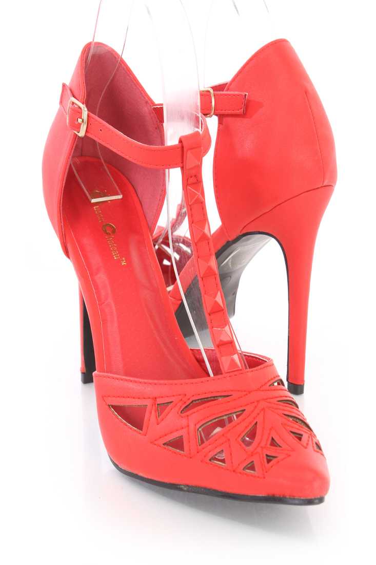 Red Studded T Strap Single Sole Heels Faux Leather