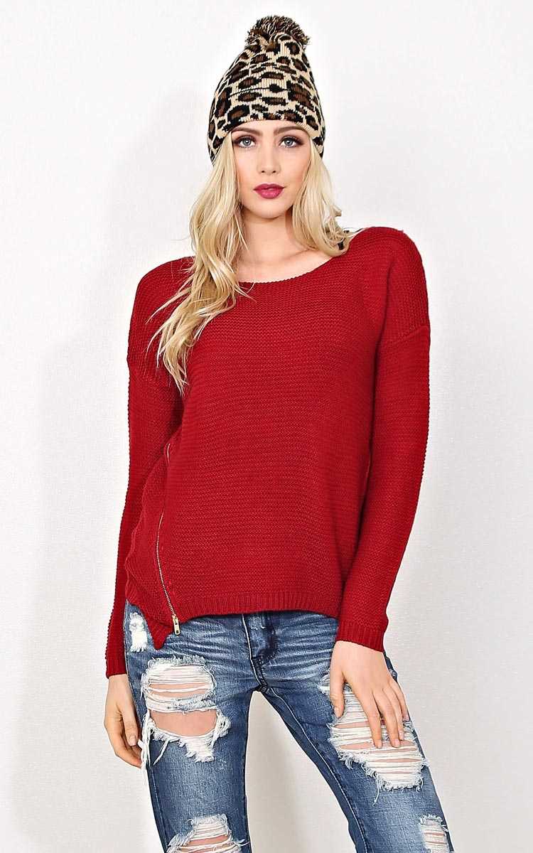 Tabitha Zipper Accent Knit Sweater - LGE - Burgundy in Size Large by Styles For Less