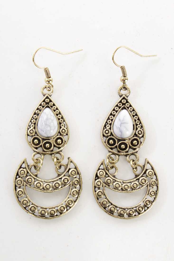 White Gold Antique Finished Intricate Dangle Earrings