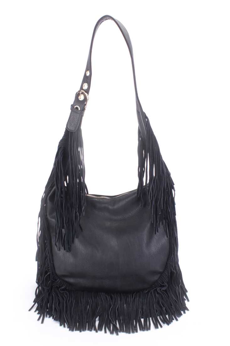 Black Faux Leather Fringe Shoulder Handbag