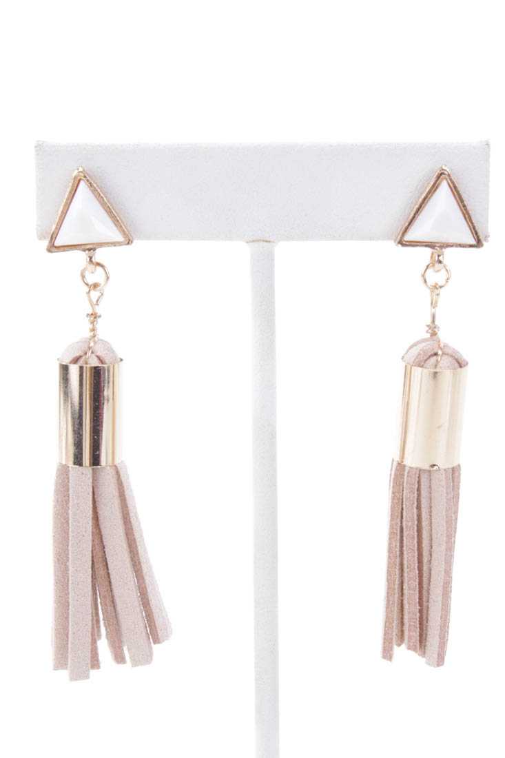 Beige Faux Suede Tassel Triangle Studded Earrings