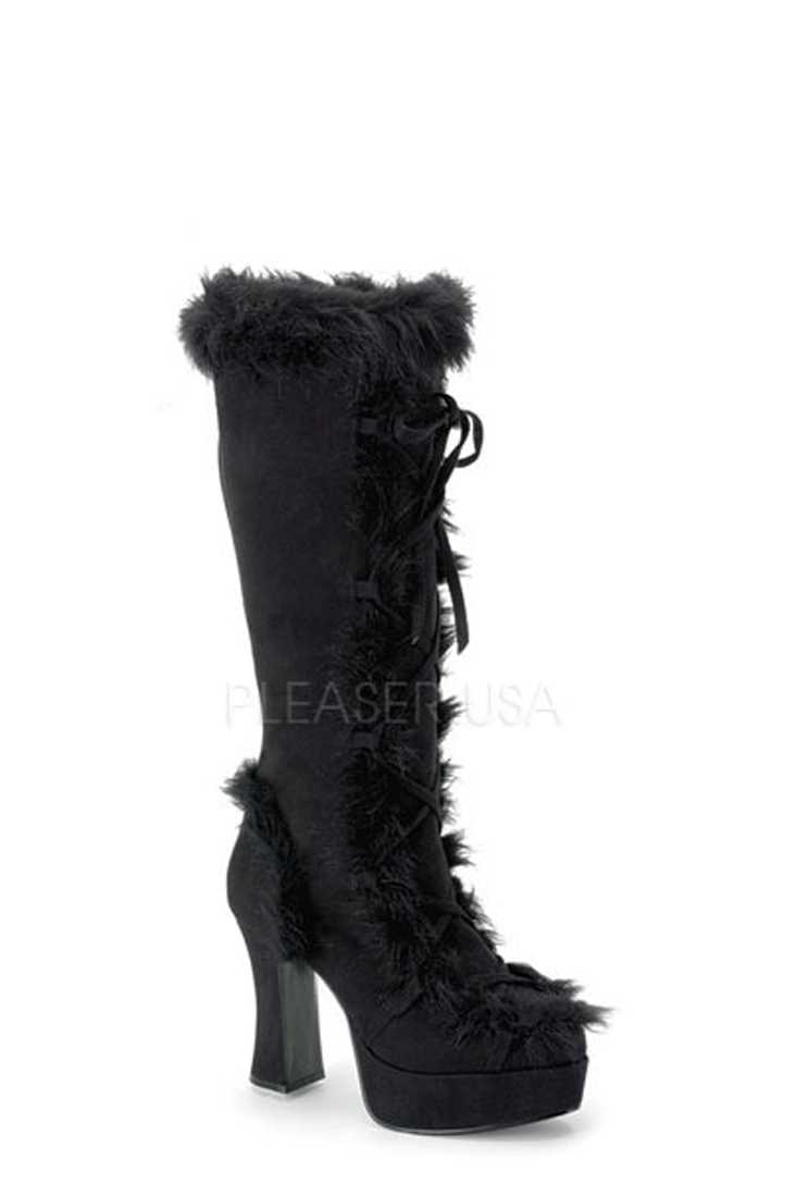Black Lace Up Tie Faux Fur Trimmed Boots Faux Suede